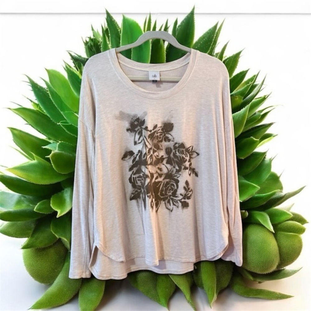 CAbi Heather Cream Brown Airbrush Floral Long Sleeve Top Small 4365